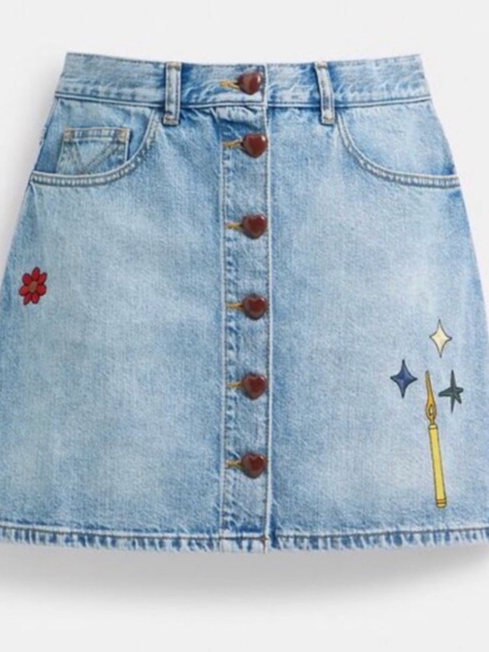 Coach Light Blue Denim Mini Skirt with Embroidered Accents